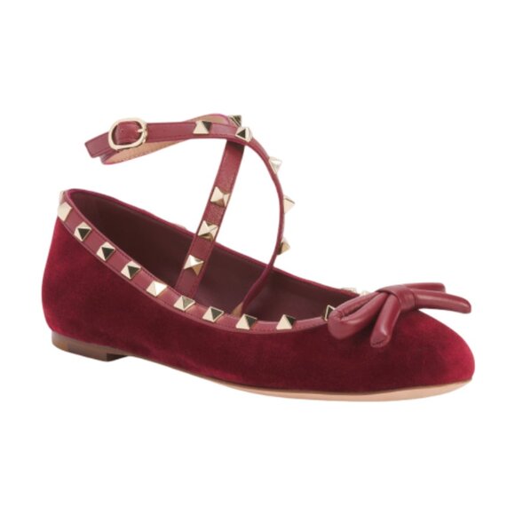 Valentino Garavani Rockstud 5MM Velvet Ballerina Flats Cherry Red - Picture 1 of 7